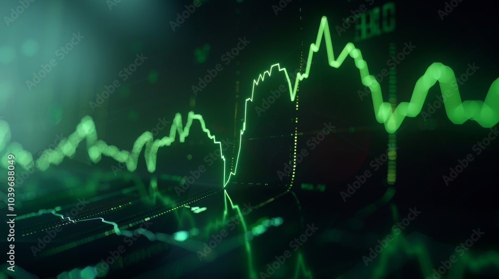 Poster beautifully designed growing stock chart, seamlessly loops, with green uptrend line for trading and 
