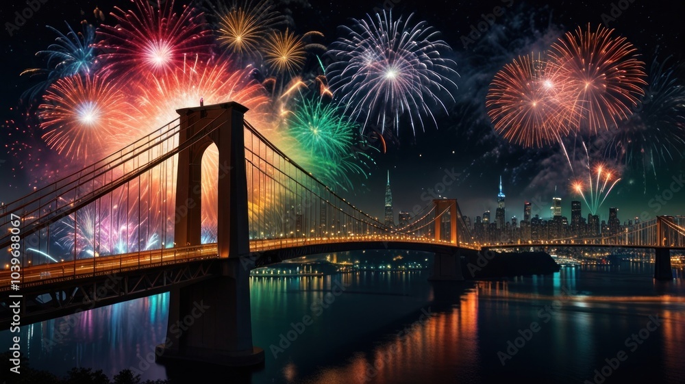 Poster a colorful fireworks display explodes over a bridge and cityscape at night.
