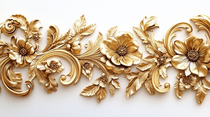 Fototapeta premium Swirling golden floral leaf patterns in an elaborate Baroque design featuring intricate filigree elements and rich ornamental flourishes in a 3D style set against a white backdrop