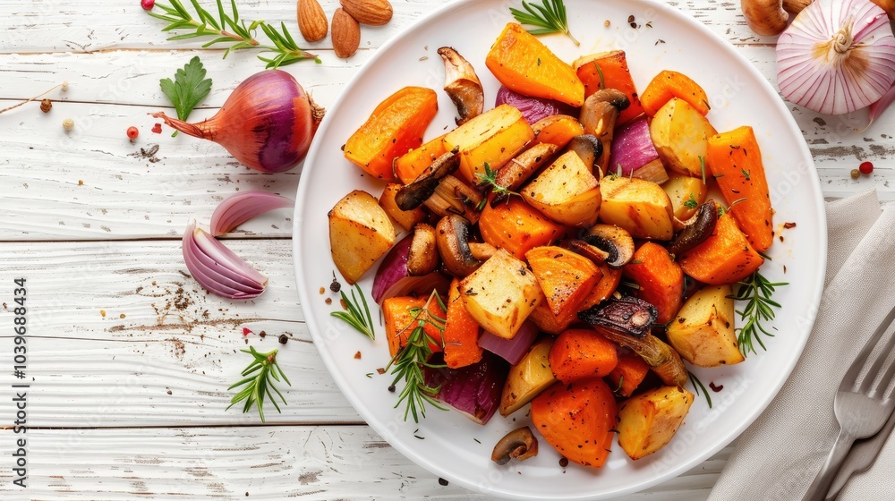 Poster baked winter vegetables and mushrooms potato winter squash red onions carrots parsnip on plate on wh