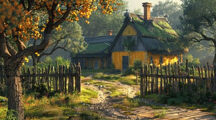 The closed path with a gate made of planks that leads to a beautifully colored farm in shades of yellow old rustic with a thatched roof and a spacious yard enclosed by a wooden fence