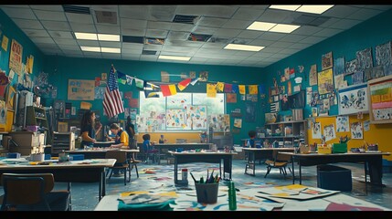 Elementary school students and teacher painting in classroom