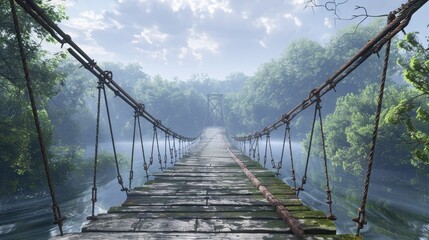 Obraz premium Restored wooden suspension bridge across the river on iron metal rusty cables Pedestrian crossing over the river above the green crowns of trees
