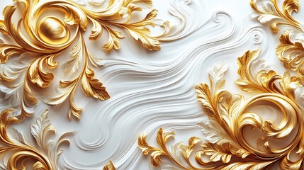 Swirling golden floral leaf patterns in an elaborate Baroque design featuring intricate filigree elements and rich ornamental flourishes in a 3D style set against a white backdrop