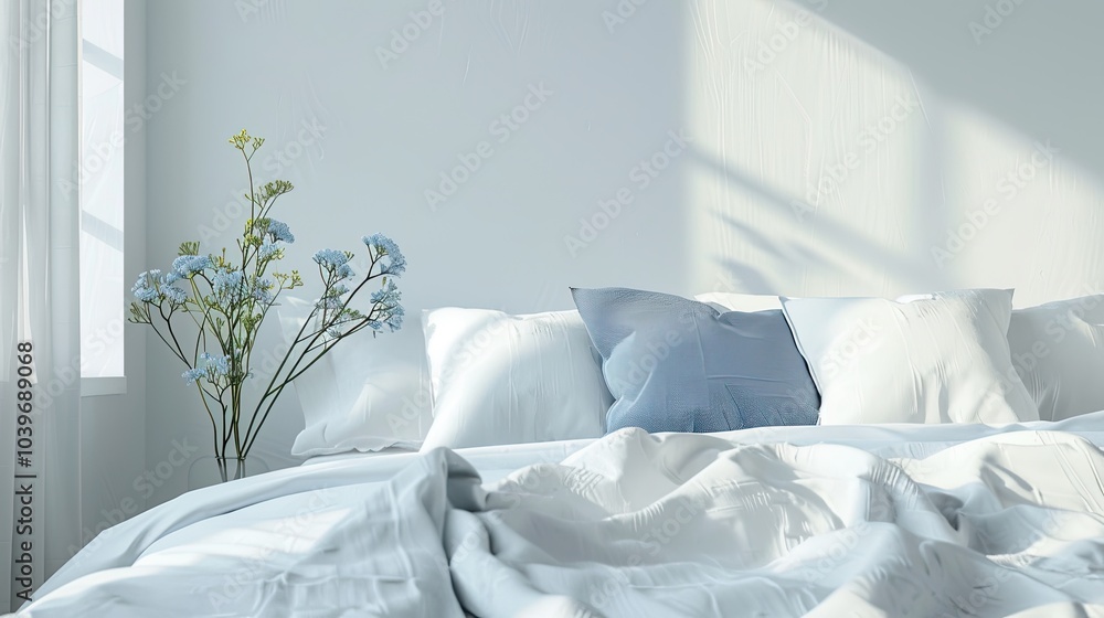 Poster blue pillows setting on white color scheme bedding