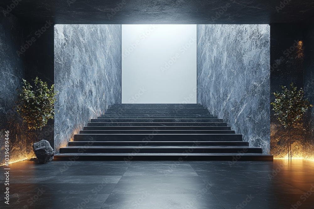 Aufkleber View from above on large white illuminated screen with space for your text or logo in empty huge hall with stage and stairs. 3D rendering, mockup.
