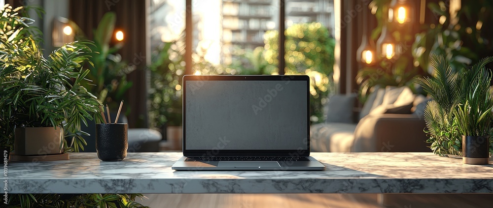 Poster in the background, there is a blurry minimalist home corridor with a laptop mockup and a copy space