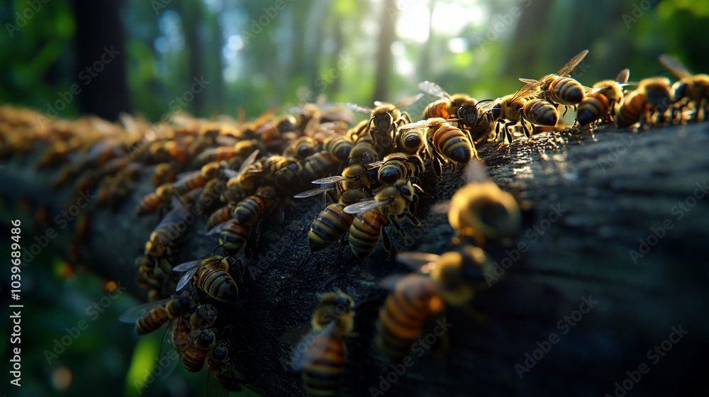 Poster a large group of honeybees clustered together on a tree branch in a forest, illuminated by the warm 