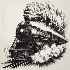 A black and white illustration of a vintage steam train, with smoke billowing from the chimney as it speeds forward.