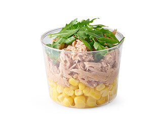 Green salads, tuna fish and corn in the bowl style, white background isolated.