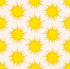 Seamless pattern of bright yellow suns on a light yellow background. Simple, cartoonish sun with sharp, spiky rays radiating outwards. Evenly spaced grid pattern. Cheerful, sunny, and optimistic.