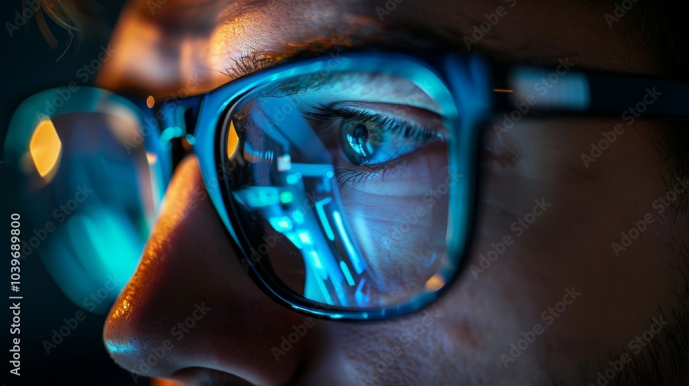 Aufkleber Eyes in glasses looking at computer screen with computer reflection at eyeglasses. Using computer, working online, tracking databases.