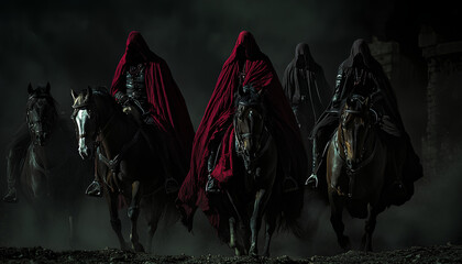 Four hooded riders on black horses gallop through a dark and foggy landscape.