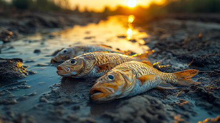 Obraz premium The impact of drying waters a stark reminder of aquatic life's vulnerability amidst a changing environment at sunset