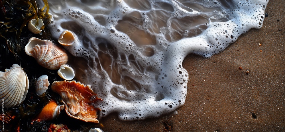 Poster white foam from a receding wave on a sandy beach with seashells.