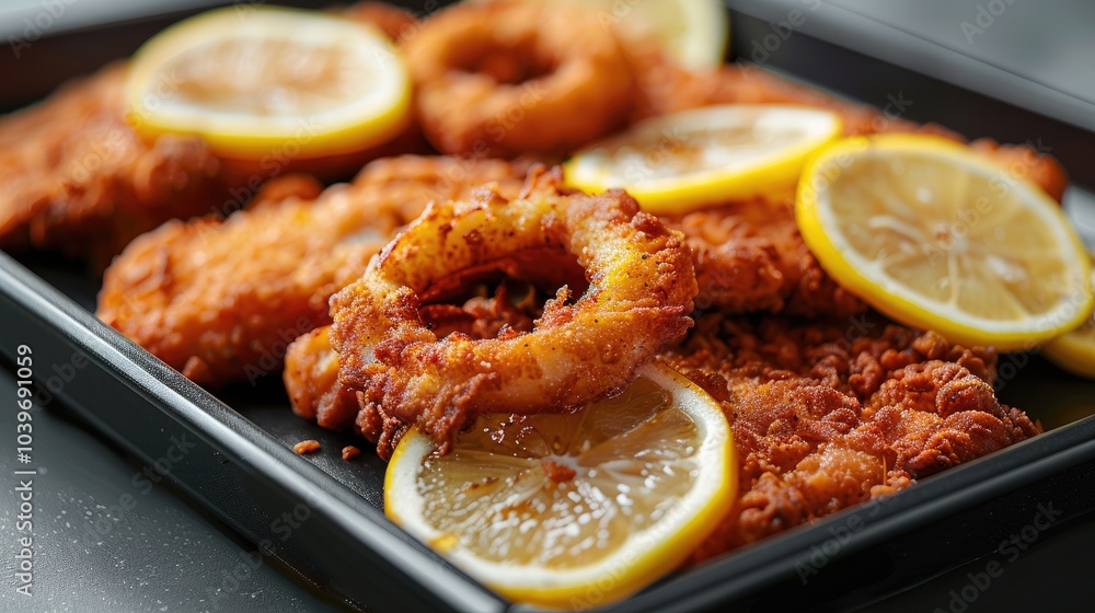 Poster traditional deep fried schnitzel with lemon slices and onion rings served as close up on a black tra