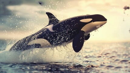 Obraz premium Orca Whale breaking free from it s concrete and glass aquarium and jumping into the freedom of the Ocean Enchanting Glass shattering