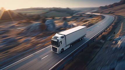 Motion image of the white truck driving on the road with speed Motion blur
