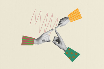 Composite trend artwork sketch image collage of group three different hands reach out finger touch friendship support together connection