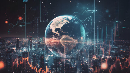 Digital representation of Earth with financial data and charts over a futuristic cityscape, symbolizing global economy, technology, and growth.