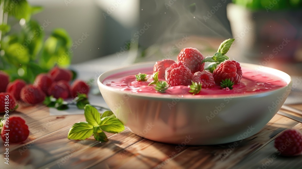 Poster raspberry cream soup on a wooden table
