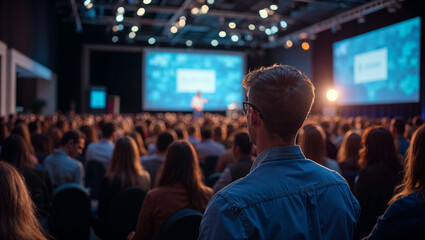 A rear view of the audience attentively listening to a speaker on stage at a business conference, forum, seminar