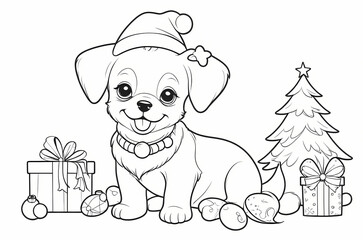 Cute Dog with Christmas Hat Coloring Book Page