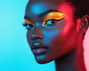 Inclusive Beauty unconventional Portrait of a woman with vibrant makeup.