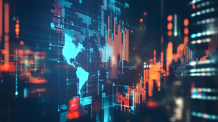 Digital world map with data visualizations and glowing tech elements over a futuristic cityscape, symbolizing global connectivity, technology, and analytics