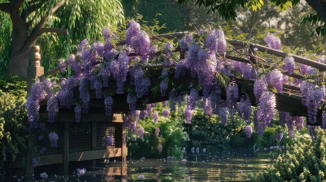 Purple flowered wisteria climbing over a bridge at RHS Wisley flagship garden of the Royal Horticultural Society in Surrey OK