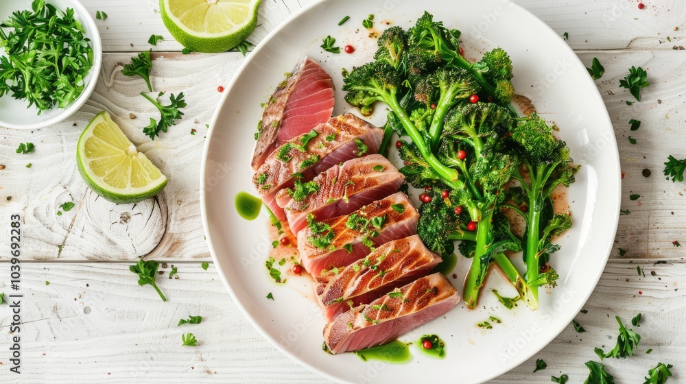 Poster close up of roast tuna steak with parboiled broccolini and lime on white plate on white textured woo