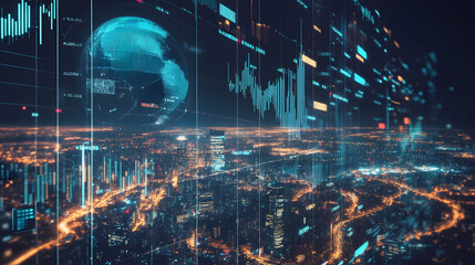 Digital globe and data visualizations over a glowing futuristic cityscape, representing global connectivity, technology, and analytics.