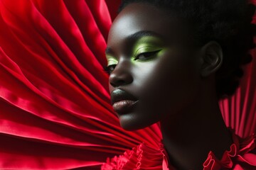 portrait of black woman model with green makeup wearing red futuristic outfit 