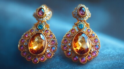 Fototapeta premium Vintage chandelier earrings ornate goldwork and gemstone accents displayed on a soft minimalistic surface emphasizing their timeless beauty