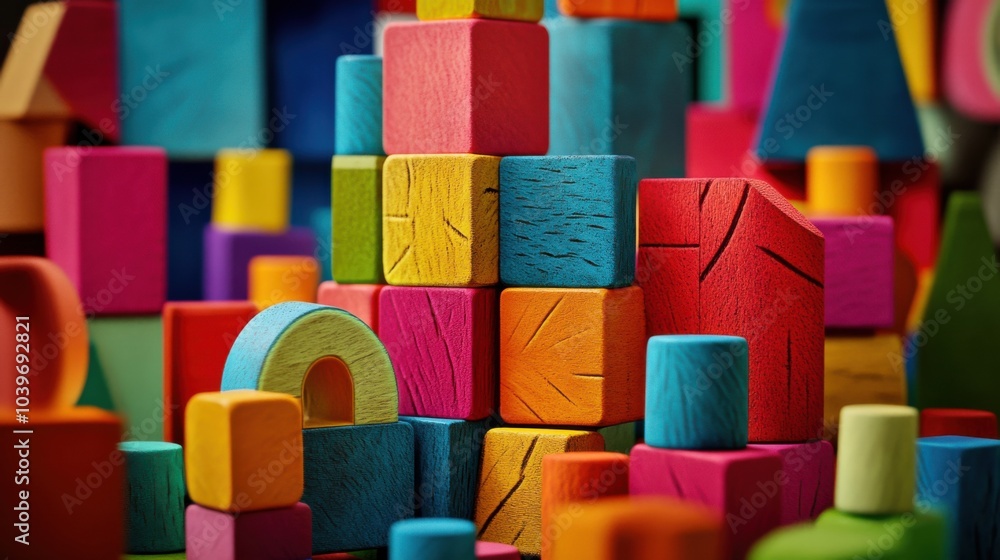 Poster A whimsical block-building scene with a variety of colorful blocks, Blocks arranged in an imaginative pattern, Creative photographic style