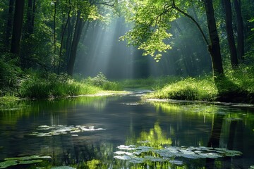 Tranquil forest scene with sunlight filtering through trees above a serene river on a calm day