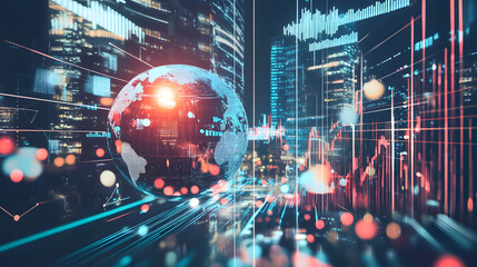 Digital rendering of a globe with financial data and charts over a futuristic cityscape, symbolizing global economy, technology, and innovation