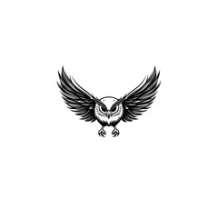Obraz premium A black and white illustration of an owl with its wings spread out.