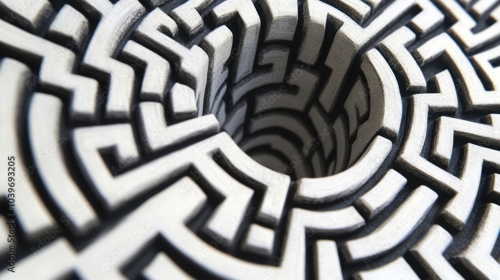 Poster intricate labyrinth design spiraling down into a mesmerizing three-dimensional vortex