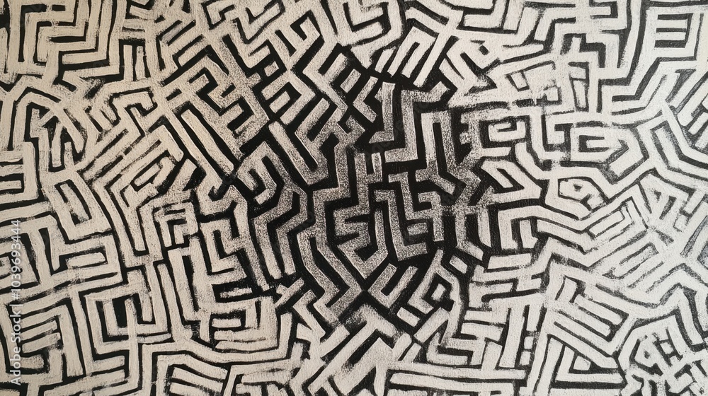 Poster intricate black and white maze pattern filled with geometric shapes creating a sense of wandering an