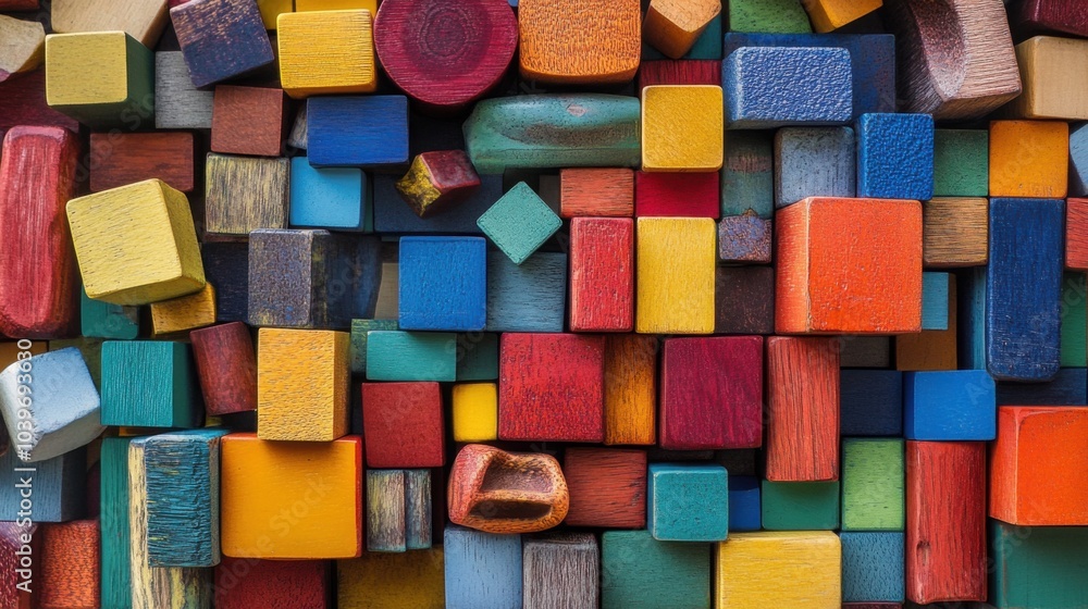 Poster a whimsical block-building scene with a variety of colorful blocks, blocks arranged in an imaginativ