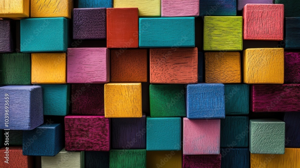 Poster A whimsical block-building scene with a variety of colorful blocks, Blocks arranged in an imaginative pattern, Creative photographic style