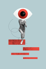 Vertical poster collage running headless woman oculist giant eye stare watch supervision control...