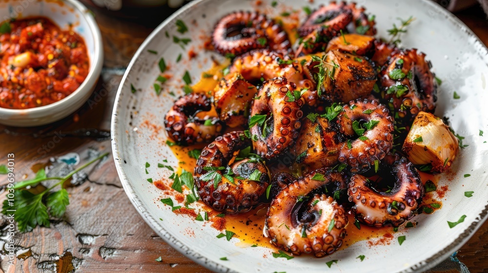 Poster high angle view of a white enamel plate with some pieces of cooked octopus with garlic and parsley p