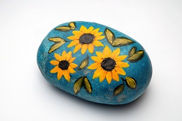 A blue-painted rock with yellow sunflowers on it, a simple design, a simple drawing, and a simple art style