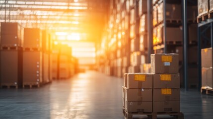 Efficient warehouse logistics, forklift maneuvering stacked boxes in distribution center