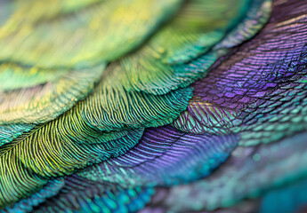 Obraz premium A close-up photograph of a peacock's feathers, showcasing their iridescent colors and intricate texture.