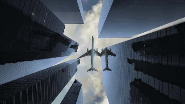 A Plane Flying Through The Air Between Two Buildings In A City Airport Travel Photography Planes