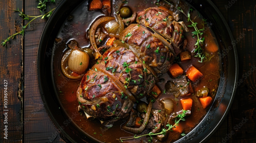 Poster beef rouladen stuffed up with mustard pickles carrot and onions in beef gravy in pan on dark wooden 