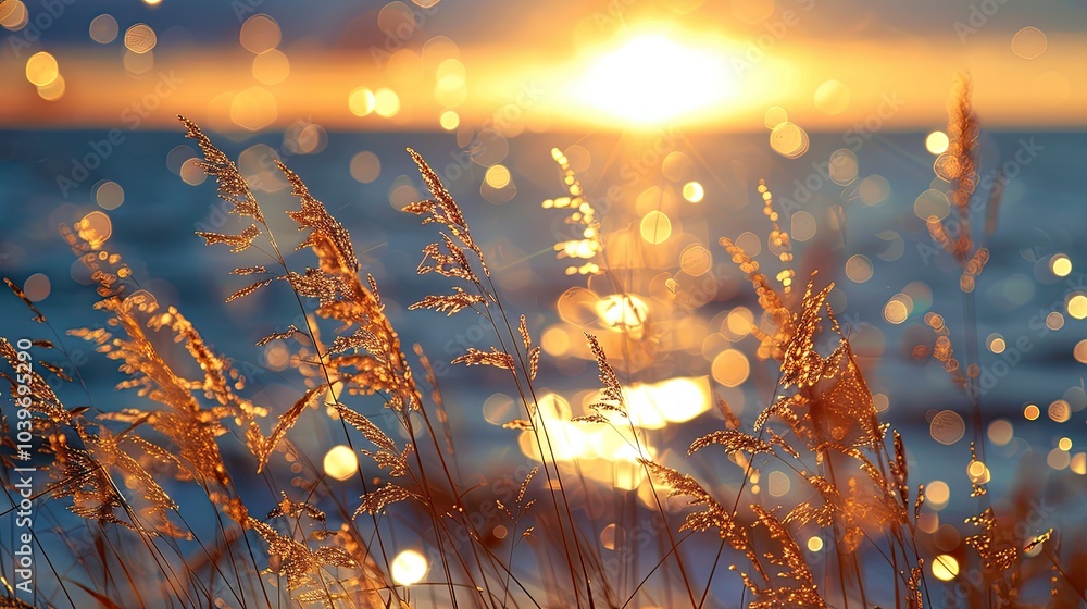 Poster wild grasses on the sea coast at sunset macro image shallow depth of field beautiful autumn nature b